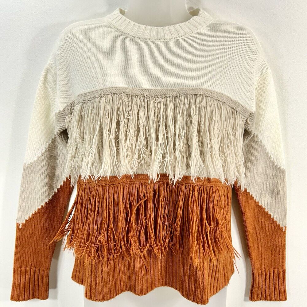 Cato Women XS Knit Boho Festival Fringe Western Cowgirl Cream Tan Orange Sweater